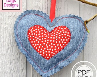 Denim Heart Ornament PDF SEWING PATTERN, Digital Download, How to Make Fabric Christmas Tree Decorations, Handmade Valentine Tutorial