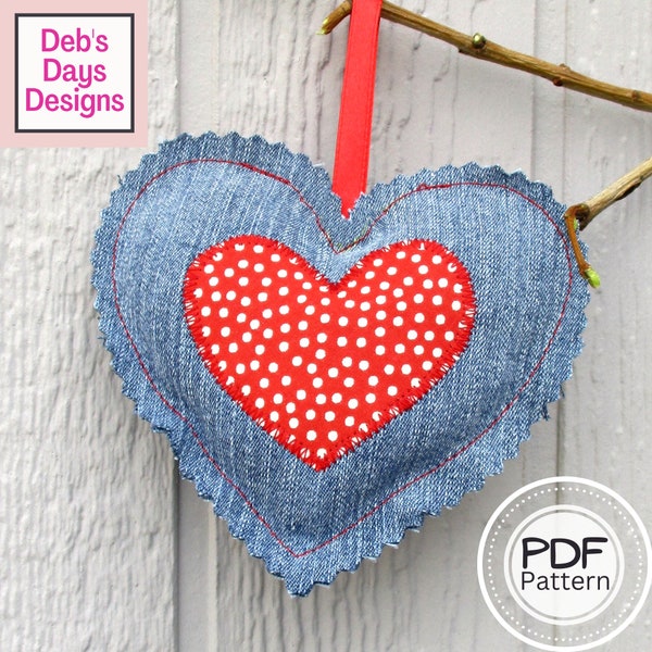 Denim Heart Ornament PDF SEWING PATTERN, Digital Download, How to Make Fabric Christmas Tree Decorations, Handmade Valentine Tutorial