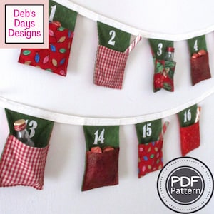 Christmas Advent Calendar PDF SEWING PATTERN, Digital Download, How to Make a Pocketed Fabric Bunting, Holiday Countdown Crafting Tutorial