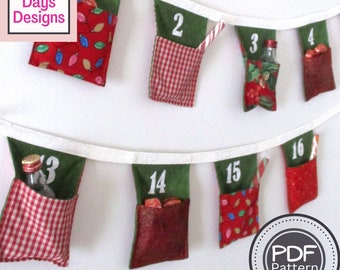 Christmas Advent Calendar PDF SEWING PATTERN, Digital Download, How to Make a Pocketed Fabric Bunting, Holiday Countdown Crafting Tutorial