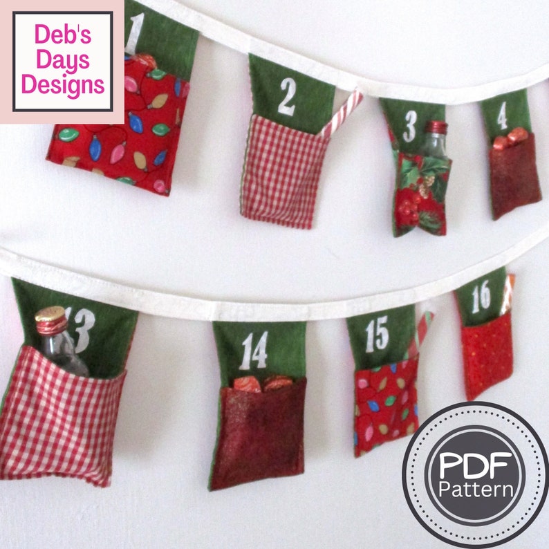 Christmas Advent Calendar PDF SEWING PATTERN, Digital Download, How to Make a Pocketed Fabric Bunting, Holiday Countdown Crafting Tutorial image 1