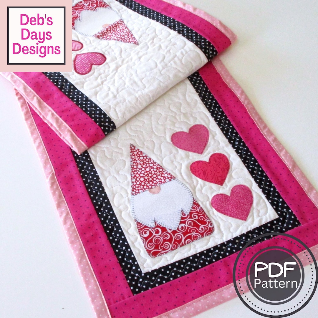 Valentine's Day Gnome Table Runner PDF QUILTING PATTERN, Digital Download, How to Make an Appliquéd Holiday Tabletop Decoration