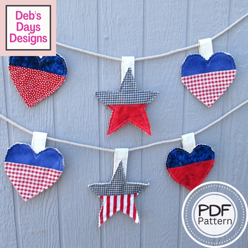 Americana Garland PDF SEWING PATTERN, Digital Download, How to Make Stars and Hearts Fabric Bunting Banner, Hanging 4th of July Decor image 1