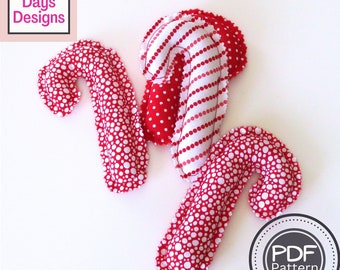 Stuffed Fabric Candy Canes PDF SEWING PATTERN, Digital Download, How to Make Handmade Christmas Tiered Tray Decor, Plush Holiday Tutorial