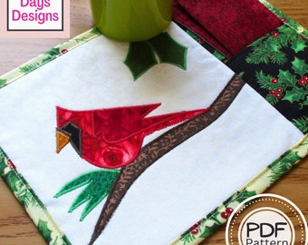 Cardinal Mug Rug PDF SEWING PATTERN, Digital Download, How to Make an Appliqué Mini Pocketed Placemat with Napkin, Quilted Holiday Snack Mat