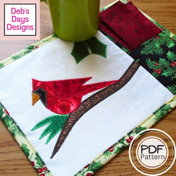Cardinal Mug Rug PDF SEWING PATTERN, Digital Download, How to Make an Appliqué Mini Pocketed Placemat with Napkin, Quilted Holiday Snack Mat