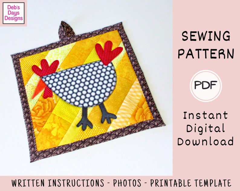 Quilted Chicken Potholder PDF SEWING PATTERN, Digital Download, How to Sew a Handmade Fabric Rooster Hot Pad, Cotton Kitchen Trivet Tutorial image 3