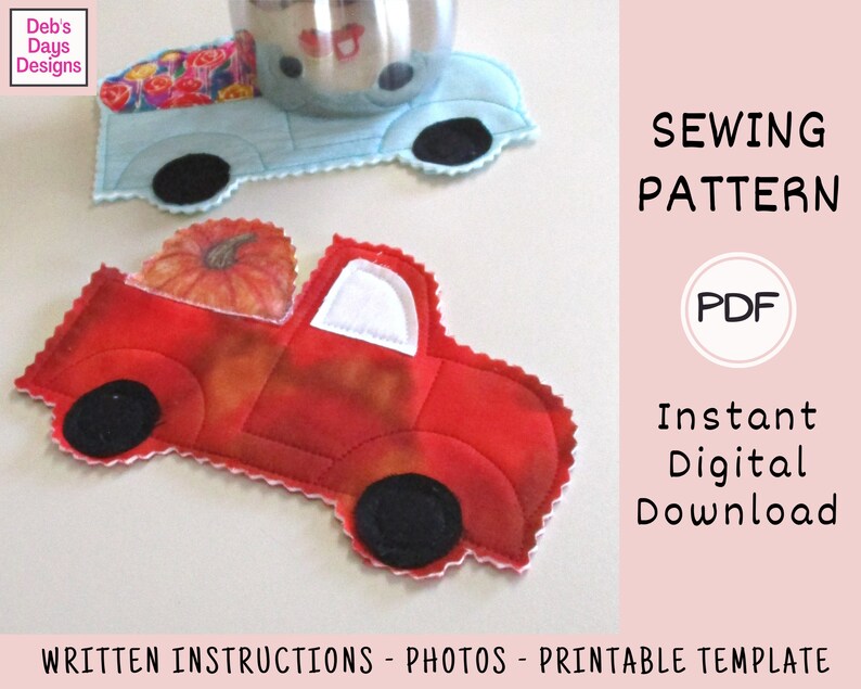 Farm Truck Hot Pad PDF SEWING PATTERN, Digital Download, How to Make a Handmade Vintage Style Harvest Truck Trivet, Fabric Kitchen Tutorial image 3