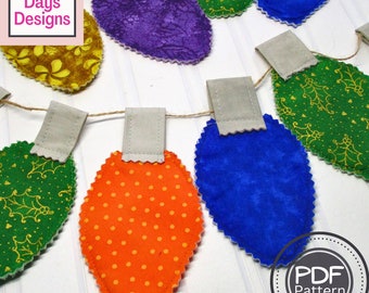 Christmas Lights Garland PDF SEWING PATTERN, Digital Download, How to Make Fabric Light Bulb Bunting, Hanging Holiday Mantel Banner Tutorial