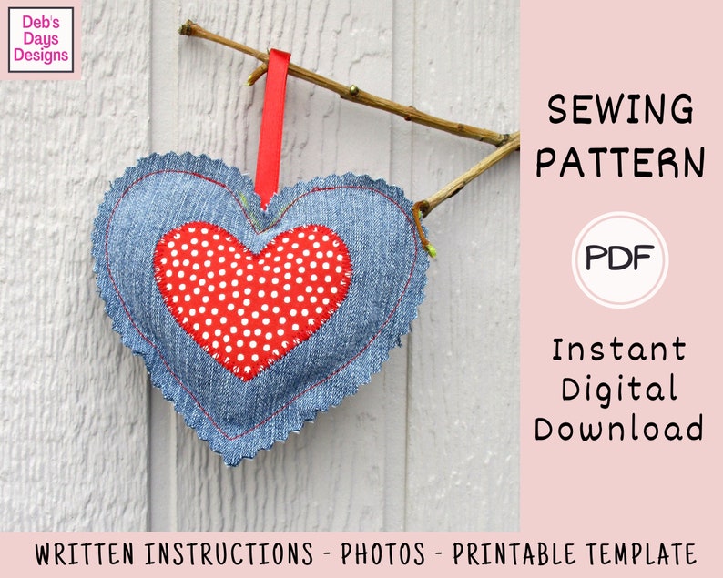 Denim Heart Ornament PDF Sewing Pattern Digital Download DIY image 1