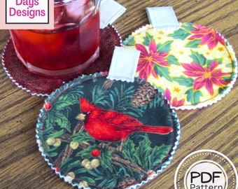 Round Christmas Coasters PDF SEWING PATTERN, Digital Download, How to Make Fabric Christmas Tree Ornament Drink Coaster Set, Easy Tutorial