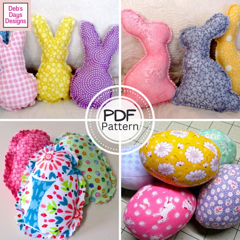 May include: A PDF pattern for sewing Easter bunny and egg plushies. The pattern includes a variety of colorful fabric designs, including polka dots, gingham, and floral prints.