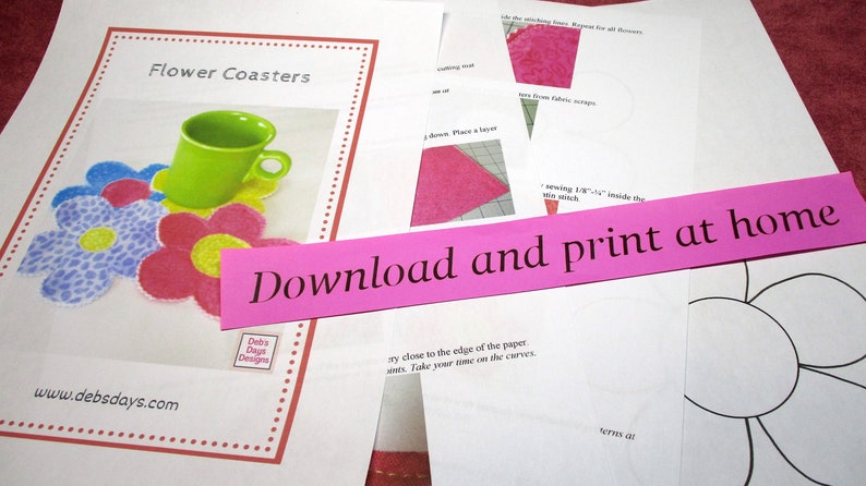 Flower Coasters PDF SEWING PATTERN, Digital Download, How to Make Homemade Quilted Fabric Drink Coasters, Easy Springtime Tabletop Tutorial image 2