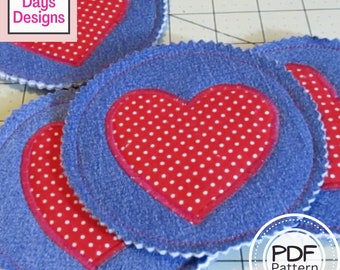 Valentine's Day Heart Coasters PDF SEWING PATTERN, Digital Download, How to Make Handmade Round Fabric Drink Set, Upcycled Denim Tutorial
