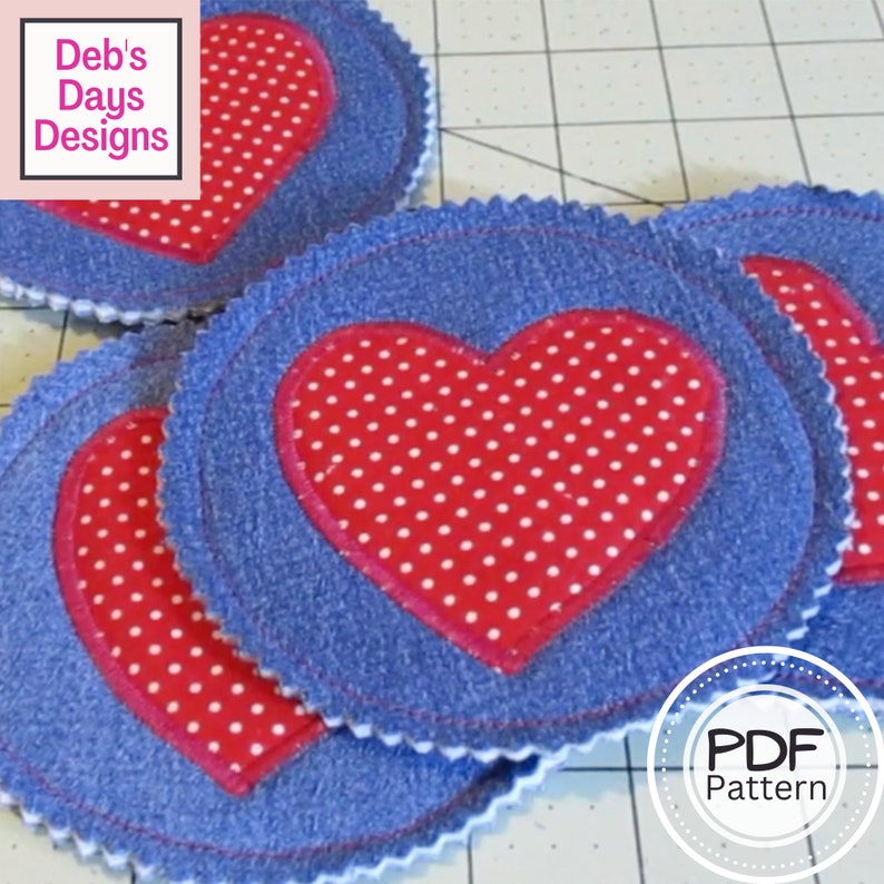 Valentine's Day Heart Coasters PDF SEWING PATTERN, Digital Download, How to Make Handmade Round Fabric Drink Set, Upcycled Denim Tutorial image 1
