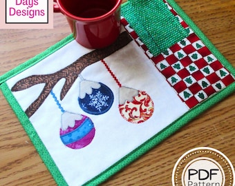 Christmas Ornament Mug Rug PDF SEWING PATTERN, Digital Download, How to Make a Quilted Pocketed Snack Mat, Handmade Holiday Gift Tutorial