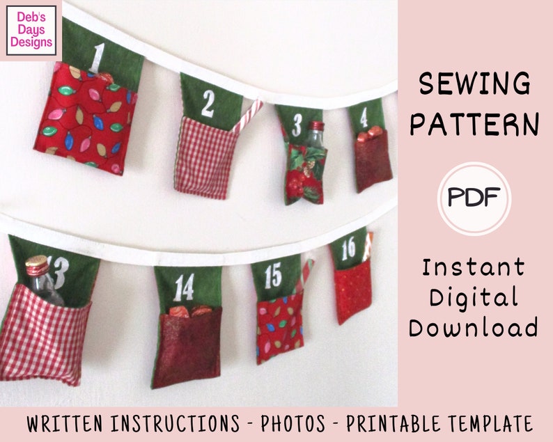 Christmas Advent Calendar PDF SEWING PATTERN, Digital Download, How to Make a Pocketed Fabric Bunting, Holiday Countdown Crafting Tutorial image 3