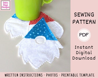 Gnomes Coaster Set PDF SEWING PATTERN, Digital Download, How to Make Homemade Cloth Fabric Quilted Drink Coasters, Tabletop Sewing Tutorial