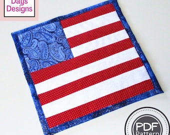 Quilted American Flag Trivet PDF SEWING PATTERN, Digital Download, How to Sew Fabric Strips for July 4th Kitchen Potholders and Hot Pads