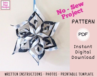 Hanging Snowflake Decoration PDF Crafting Pattern, Digital Download, How to Make a Handmade Fabric Snowflake, No - Sew Winter Project