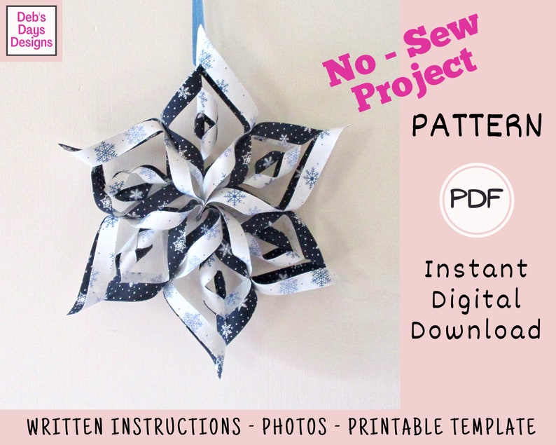 Large Hanging Snowflake PDF CRAFTING PATTERN, Digital Download, How to Make a No-Sew Handmade 3D Christmas Decoration, Easy Fabric Ornament image 3