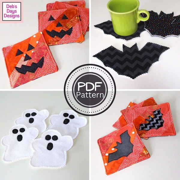 Halloween Coasters PDF SEWING PATTERN Bundle, Digital Download, How to Make Quilted Fabric Shaped Fall Holiday Bats, Ghosts, Jack-o'-Lantern