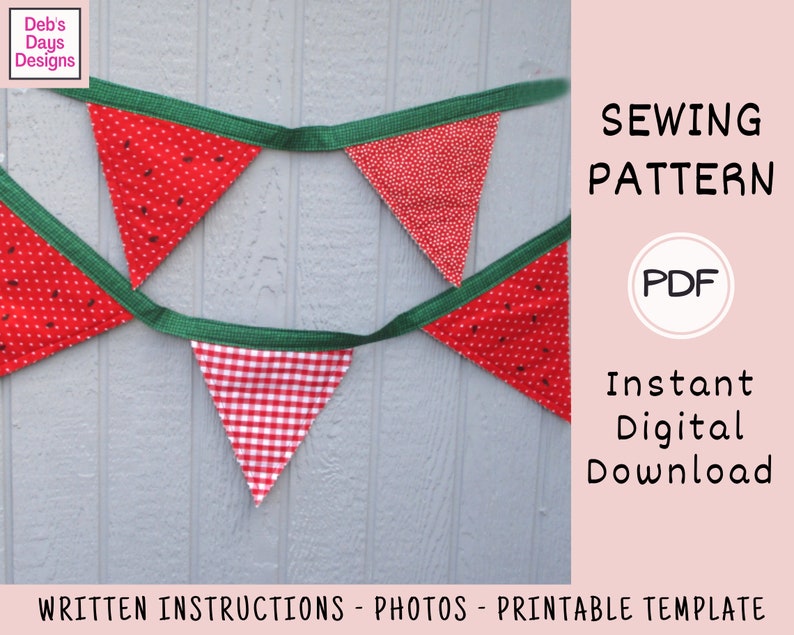 Watermelon Garland PDF SEWING PATTERN, Digital Download, How to Make a Summertime Fabric Bunting Banner, Picnic Party, Easy Tutorial image 3