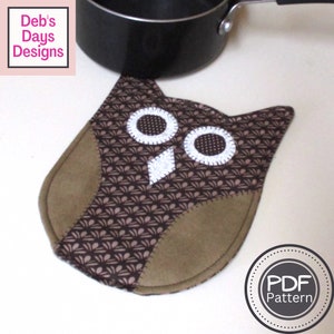 Owl Potholder PDF SEWING PATTERN, Digital Download, Learn How to Make an Owl Kitchen Hot Pad, Shaped Fall Cotton Fabric Trivet Tutorial