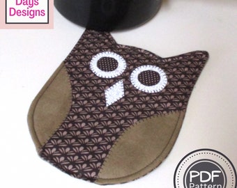 Owl Potholder PDF SEWING PATTERN, Digital Download, Learn How to Make an Owl Kitchen Hot Pad, Shaped Fall Cotton Fabric Trivet Tutorial