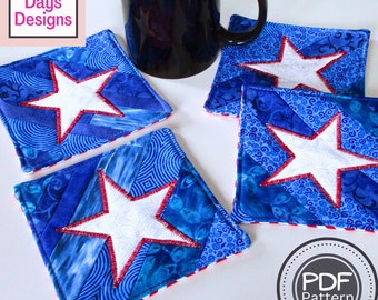 4th of July Quilted Star Coasters PDF SEWING PATTERN, Digital Download, How to Sew Holiday Drink Coasters, Red White and Blue Fabric Project