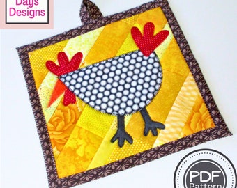 Quilted Chicken Potholder PDF SEWING PATTERN, Digital Download, How to Sew a Handmade Fabric Rooster Hot Pad, Cotton Kitchen Trivet Tutorial