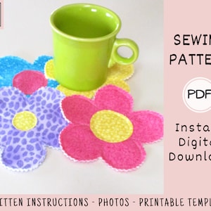 Flower Coasters PDF SEWING PATTERN, Digital Download, How to Make Homemade Quilted Fabric Drink Coasters, Easy Springtime Tabletop Tutorial image 3