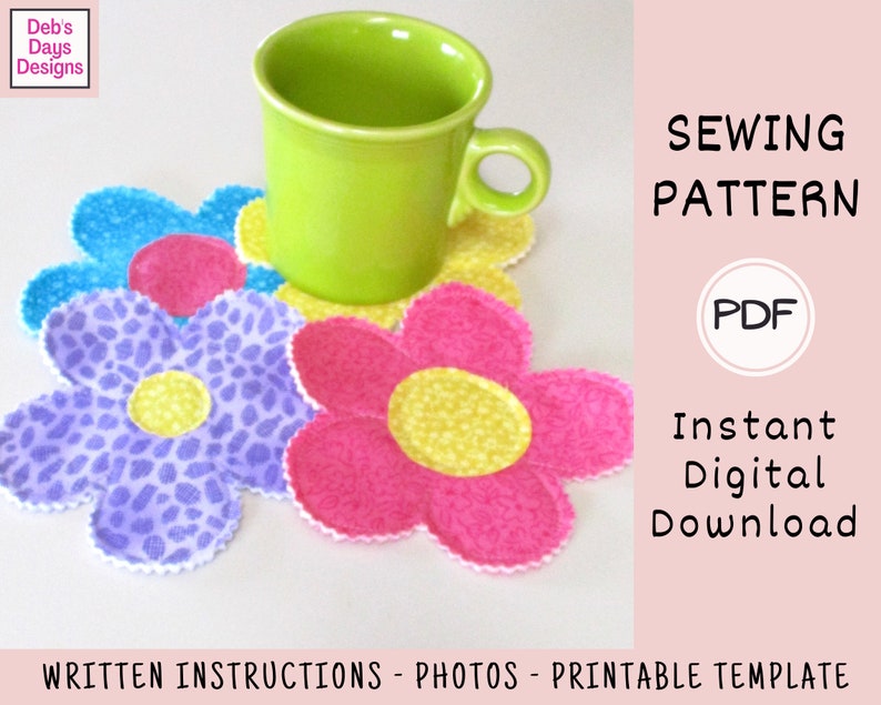 Flower Coasters PDF SEWING PATTERN, Digital Download, How to Make Homemade Quilted Fabric Drink Coasters, Easy Springtime Tabletop Tutorial image 3