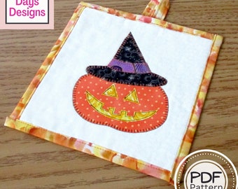 Jack-o'-Lantern Potholder PDF SEWING PATTERN, Digital Download, How to Make an Appliquéd Halloween Pumpkin Trivet, Fall Hot Pad Tutorial