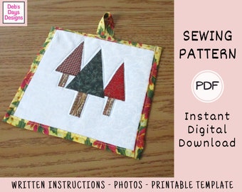 Christmas Trees Potholder PDF Sewing Pattern, Digital Download, Quilted Holiday Kitchen Project, Cabin Decor Idea, Appliquéd Trivet Tutorial
