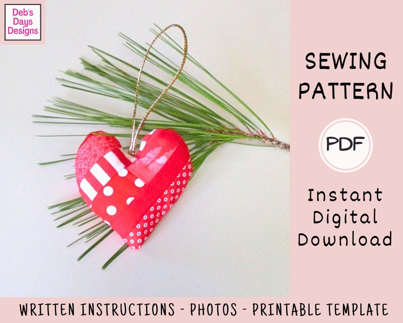 Quilted Fabric Heart Ornaments PDF SEWING PATTERN, Digital Download, How to Make Scrappy Handmade Hanging Valentine's Day Decorations image 3