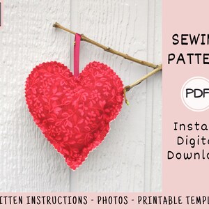 Plush Heart Ornaments PDF SEWING PATTERN, Digital Download, How to Make Handmade Stuffed Valentine's Day Decor, Fabric Christmas Decorations image 2