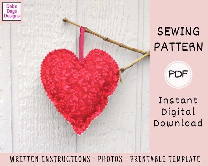 Plush Heart Ornaments PDF SEWING PATTERN, Digital Download, How to Make Handmade Stuffed Valentine's Day Decor, Fabric Christmas Decorations image 2