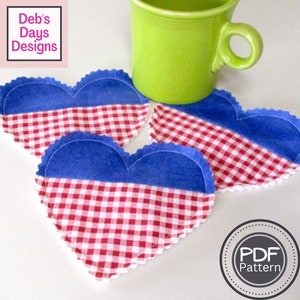 Valentine's Day Heart Coasters PDF SEWING PATTERN, Digital Download, How to Make Quilted Fabric Drink Coaster Set, July 4th Decor Tutorial