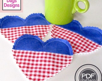 Valentine's Day Heart Coasters PDF SEWING PATTERN, Digital Download, How to Make Quilted Fabric Drink Coaster Set, July 4th Decor Tutorial