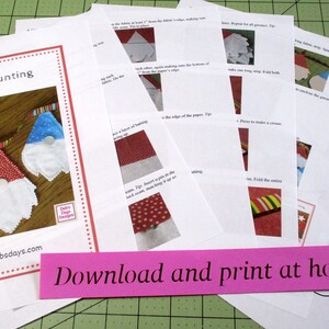 May include: A set of printable instructions for making a gnome bunting. The instructions include a pattern for the gnome's hat, beard, and body. The instructions also include a pattern for a tree. The instructions are titled "Gnome Bunting" and include the website "www.debsdays.com". The instructions are printed on white paper and have a pink strip at the bottom that says "Download and print at home".