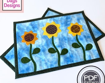 Quilted Sunflower Placemat Set PDF SEWING PATTERN, Digital Download, How to Sew Appliquéd Seasonal Tabletop Decor