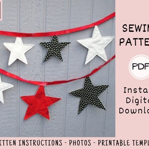 Star Garland PDF SEWING PATTERN, Digital Download, How to Sew a Fabric 4th of July Bunting Banner, Easy Americana Holiday Party Decorations image 4