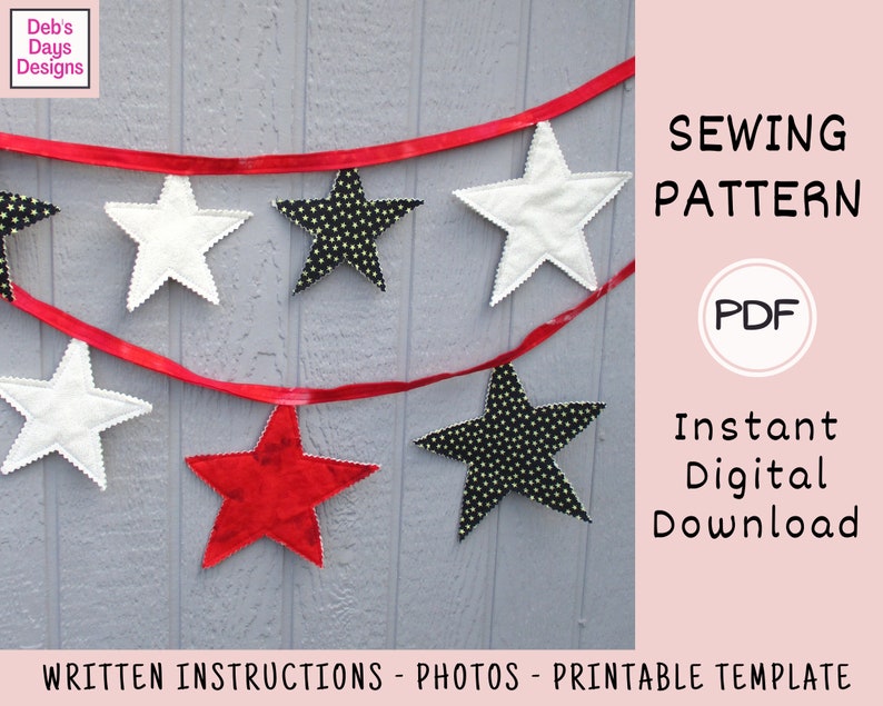 Star Garland PDF SEWING PATTERN, Digital Download, How to Sew a Fabric 4th of July Bunting Banner, Easy Americana Holiday Party Decorations image 4
