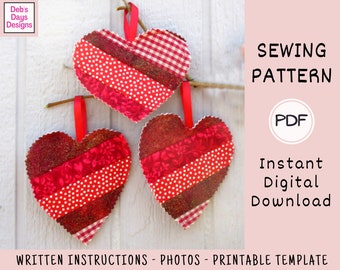 Christmas Hearts Tree Ornaments PDF Sewing Pattern, Digital Download, How to Sew Handmade Scrap Fabric Quilted Decorations, Holiday Tutorial