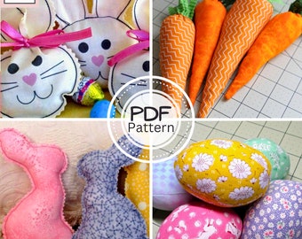 Spring Plush Crafts PDF SEWING PATTERN Bundle, Digital Download, How to Make Fabric Stuffed Bunnies Carrots Eggs, Easy Easter Tutorial
