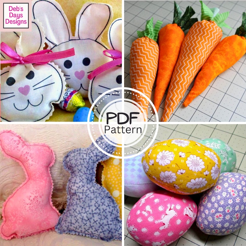 Puede incluir: Un conjunto de patrones de costura con tem&aacute;tica de Pascua para hacer peluches de conejo, zanahoria y huevo. Los patrones est&aacute;n disponibles para descargar en PDF. La imagen muestra ejemplos de los juguetes terminados.