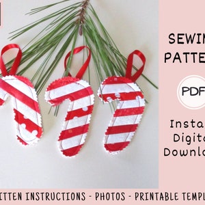 Quilted Candy Cane Ornaments PDF SEWING PATTERN, Digital Download, How to Make Handmade Cloth Holiday Decor, Scrap Fabric Project Tutorial image 3