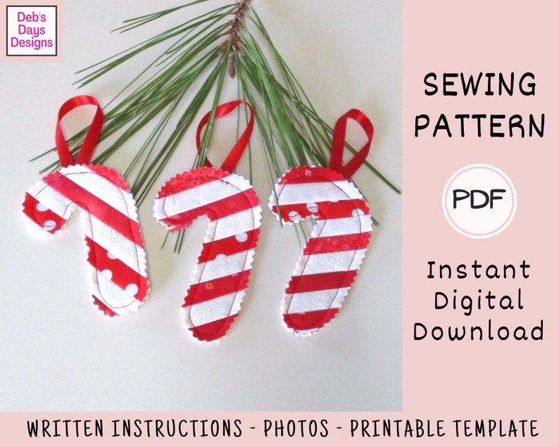 Quilted Candy Cane Ornaments PDF SEWING PATTERN, Digital Download, How to Make Handmade Cloth Holiday Decor, Scrap Fabric Project Tutorial image 3