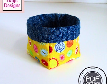 Mini Fabric Storage Bin PDF SEWING PATTERN, Digital Download, How to Make a Handmade 3" x 3" Organizer Basket, Easy Beginner Tutorial